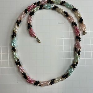 Hand Beaded Necklace Pastel And Black Beads Screw Closure 12” Drop